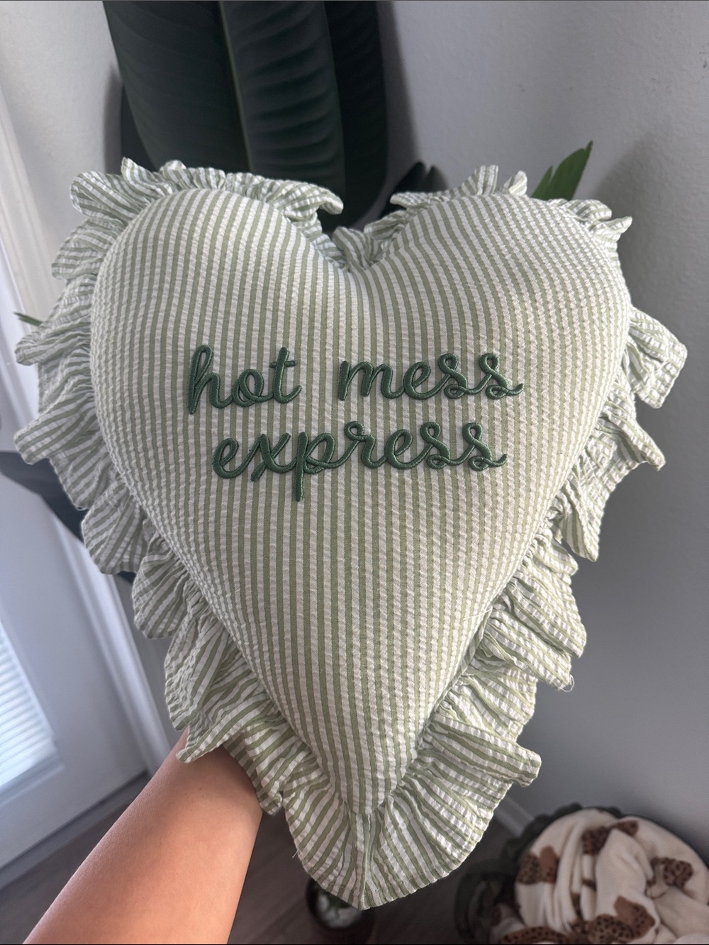 Hot Mess Express green seersucker decorative throw pillow